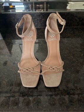 Vince Camuto Nude Suede Ankle-Strap Heels with Beaded Knot